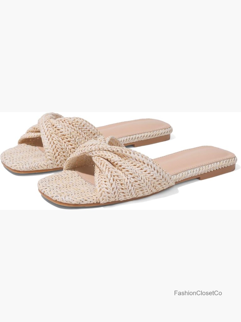 Straw Woven Braided Twist Slip On Slides - Open Toe Flats For Summer